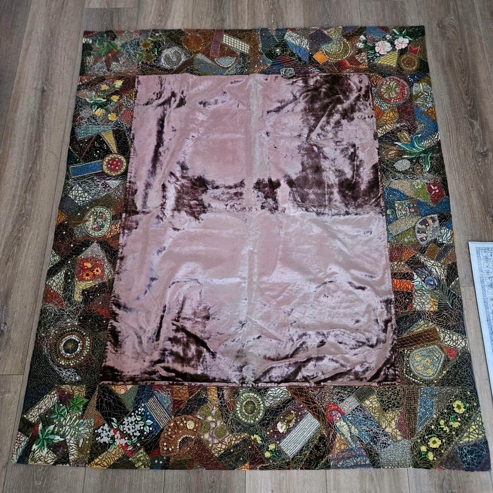 Victorian Velvet Patchwork Crazy Quilt Throw Blanket Ribbon Sequins Antique Vtg